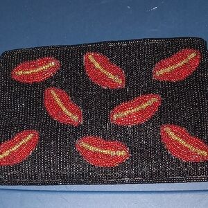 Beaded Black Clutch with Red Lips Design NWOTS